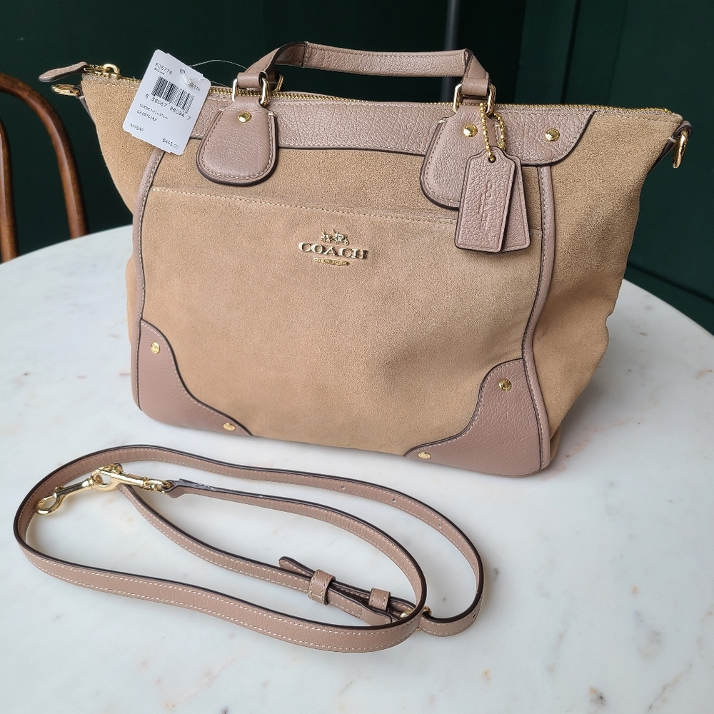 Coach Mickie Satchel Stone/Light Gold Suede/Leather Handbag